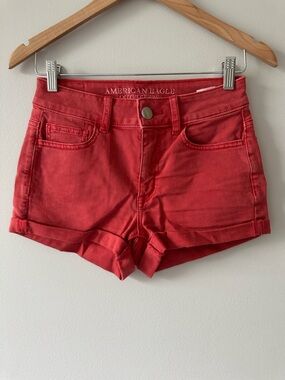 American Eagle Outfitters Women's Red Denim Rolled Hem Shorts Size 2